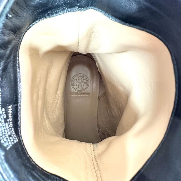 Tory Burch Boots Size 7 M Black Leather Gold Logo Hallie Mid Shaft Short Riding - Picture 13 of 13